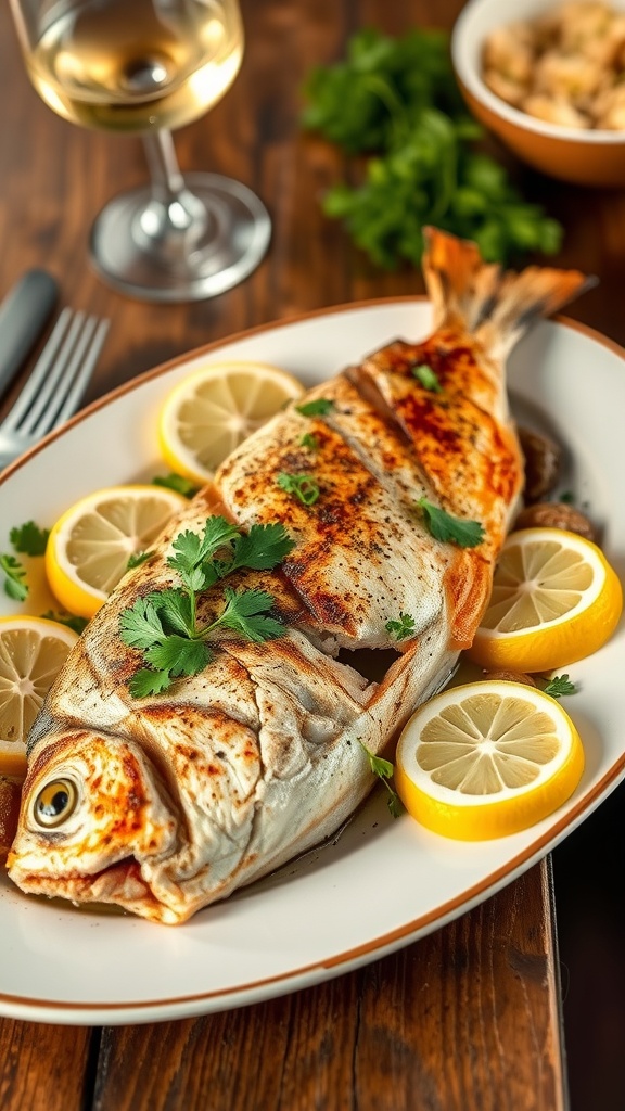 Baked branzino garnished with lemon and parsley on a rustic table, surrounded by artichokes.